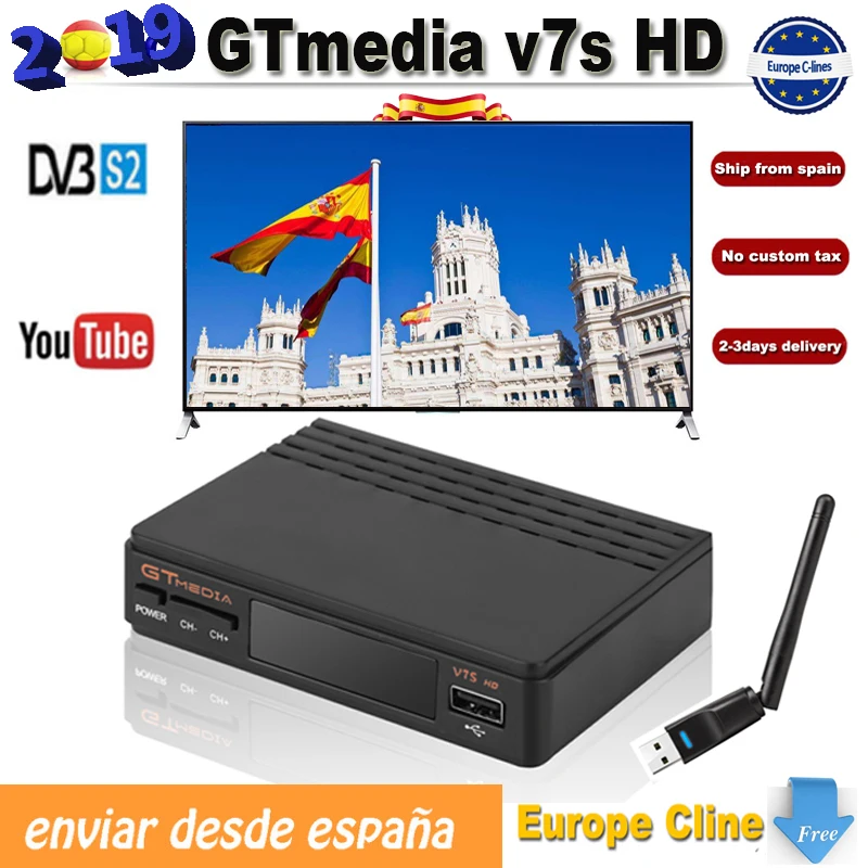 

5pcs/lot gtmedia V7s DVB S2 Receptor europe cline for 1 year freesat v7 HD tv receiver With USB Wifi Support PowerVu Biss Key v7