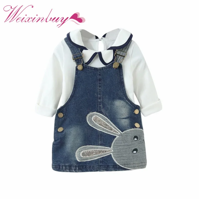 

2 PCS/SET Spring Autumn Baby Girls Lace T shirts+Jeans Dress Baby Girls Denim Dress Embroidered Sling Children Clothing Sets