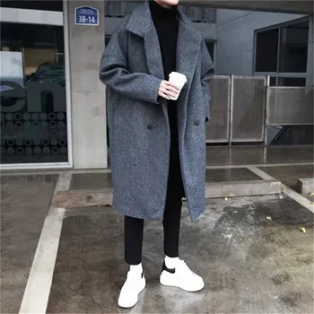 

2020 New Autumn Mens Long Coats Fashion Woolen Blends Windbreaker Male Double Breasted Casual Loose Fit Outerwear Trench Coat