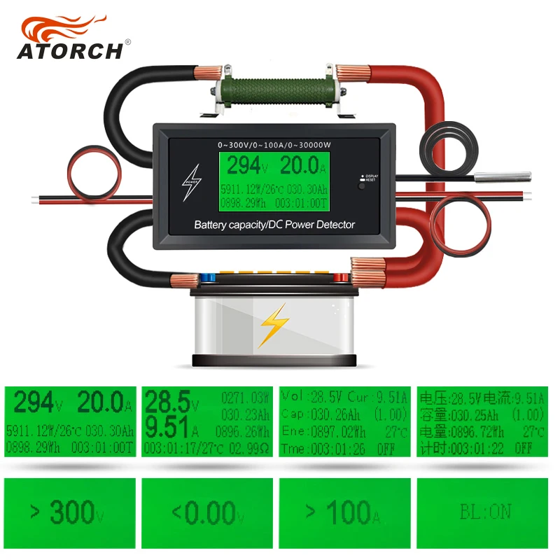 ATORCH DC 300 В 100А точный измеритель энергии Напряжение Ток Мощность Вольтметр Амперметр Greem подсветка перегрузки функция сигнализации в помещении