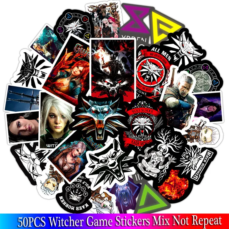 50PCS New Witcher Game Stickers Sets Anime Sticker Lot For Laptop Bicycle Phone Guitarl Cartoon Stickers Pack