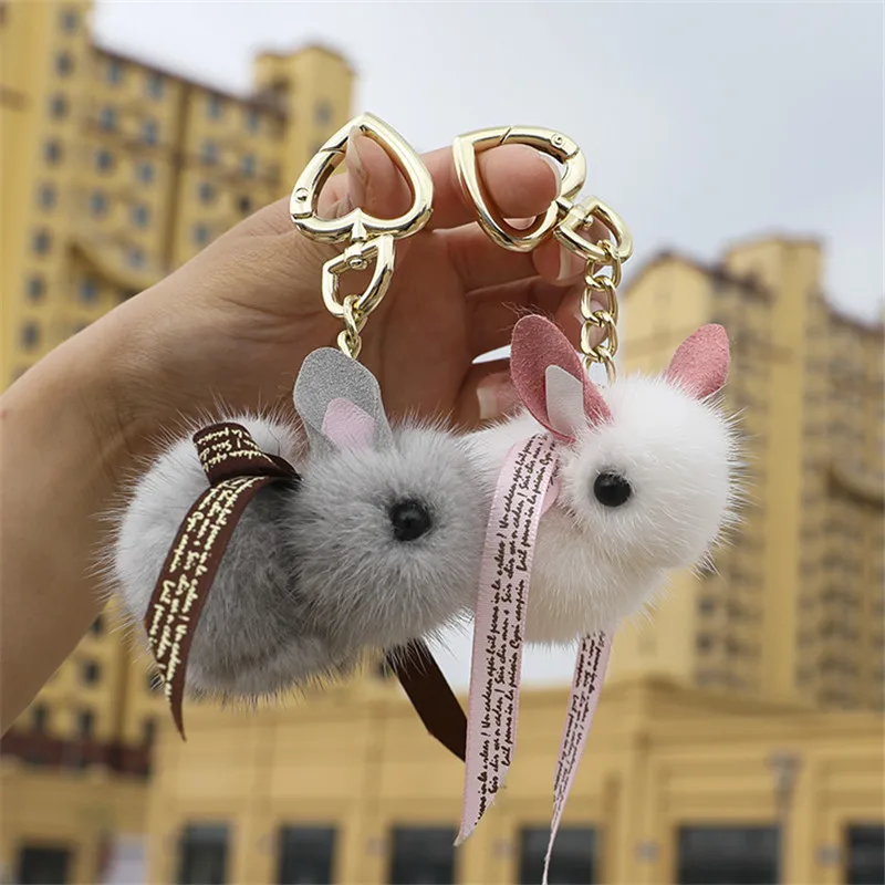 

Mini Real mink fur keychain small bunny Handbag Charm KeyRing Luxury Mink fur Rabbit Car keychain Jewelry phone Pendant