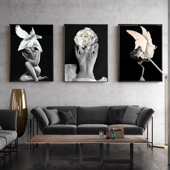 

WANGART Wall Art Print Poster Black White Flowers Feather Women Oil Painting Canvas Wall Pictures for Living Room Home Decor