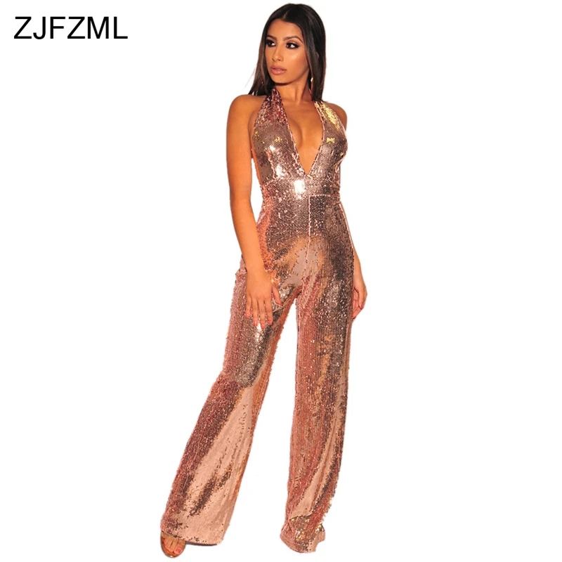 

Glitter Sequin Jumpsuits For Women 2018 Apricot Halter Backless Wide Leg Pant Bodysuit Elegant Cold Shoulder Club Party Romper
