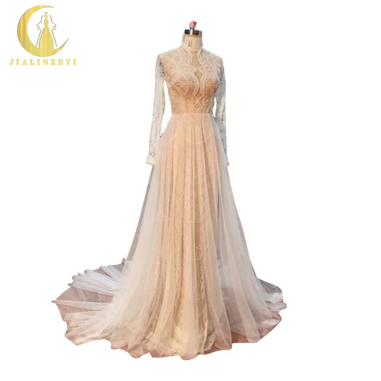 

JIALINZEYI Real Sexy Long Sleeves Lace Pearls Mermaid Inside Unde Lining Wedding Gown wedding dresses