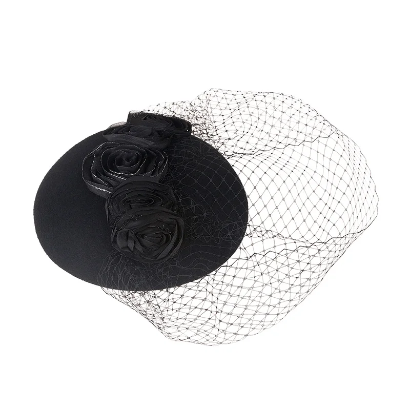 FS леди чародей для свадьбы черная шерсть Pillbox шляпа с вуалью зима элегантный для женщин цветок коктейль Fedora Jockey платье шляпы