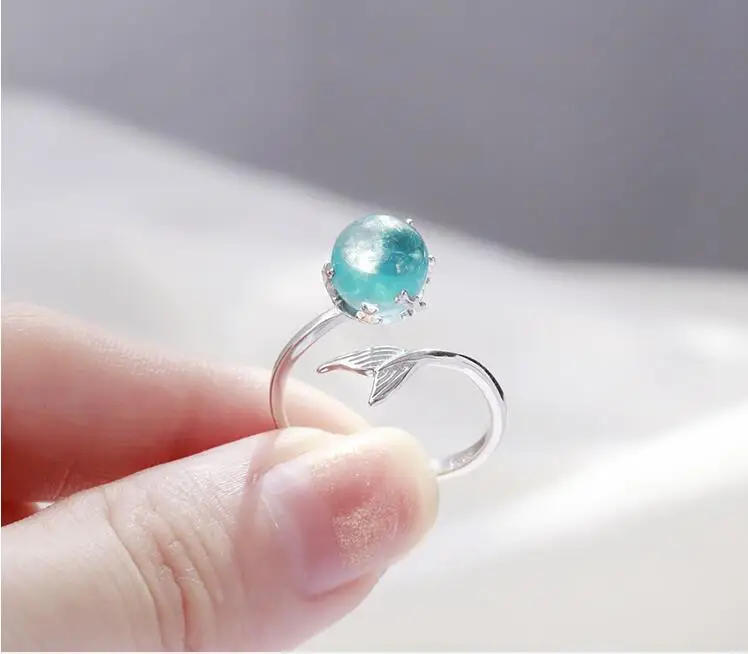 925 Sterling Silver Open Blue Crystal Mermaid Bubble Rings for Women Girls Gift Statement Jewelry Adjustable Size Finger Ring