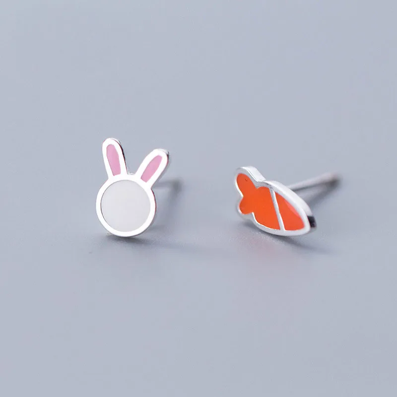 

Asymmetric Cute Rabbit Carrot 925 Sterling Silver Studs Earrings