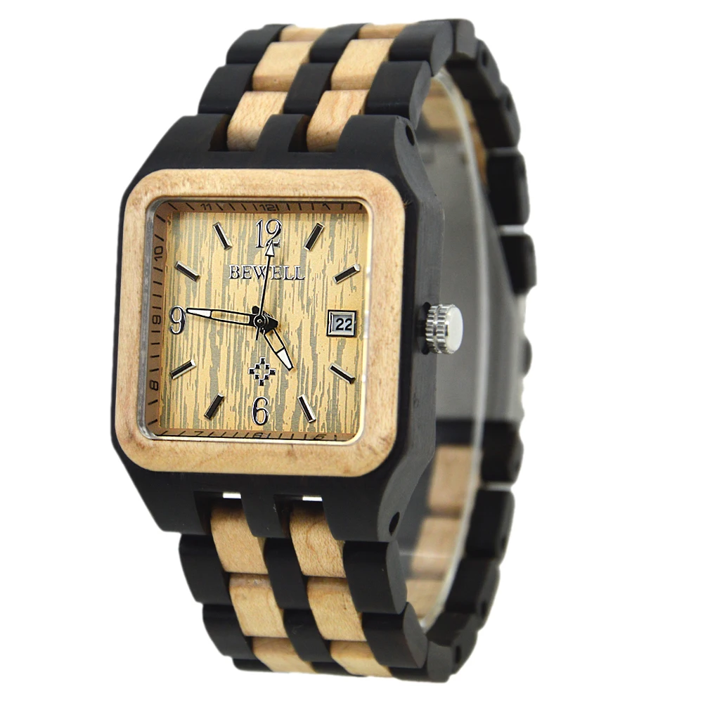 

BEWELL Top Luxury Men Watches Square Face Wooden Strap Date Display Waterproof Wooden Watch Limited Edition Quartz Clock 111A