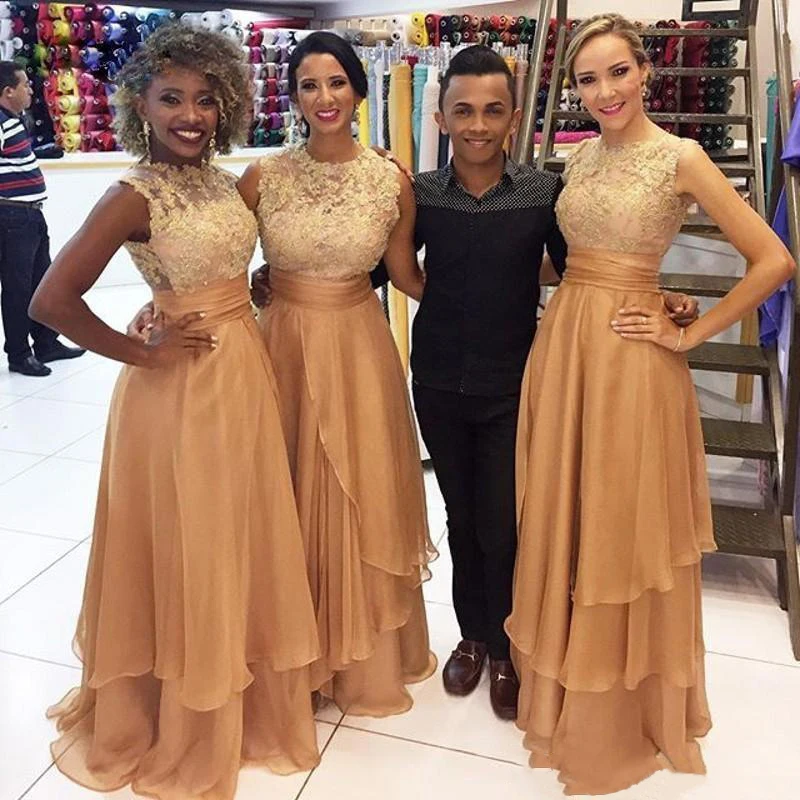 

2019 A Line Bridesmaid Dresses with Lace Applique Jewel Neck Maid of Honor Wedding Party Gowns