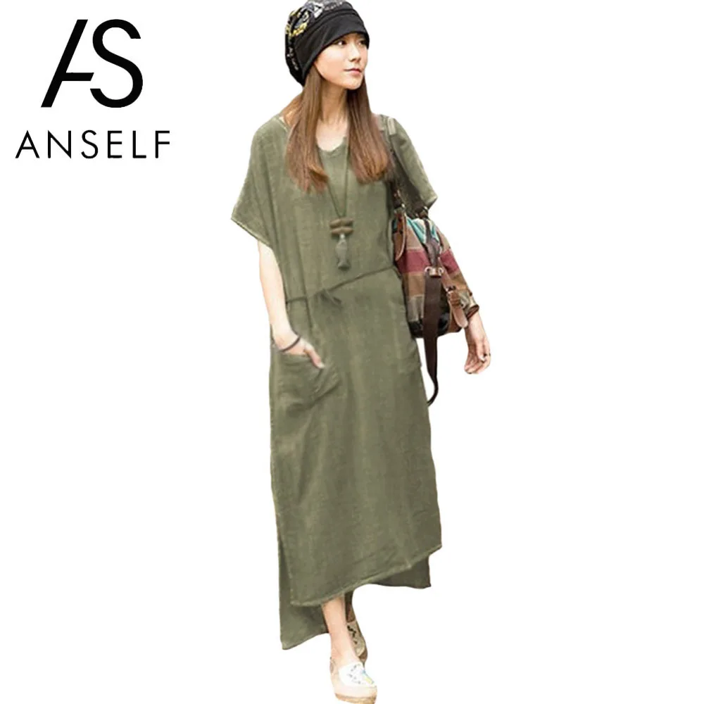 

Anself Cotton Linen Dress Women Oversized Summer Retro Maxi Dress Casual Loose Long Dress Short Sleeve Plus Size Boho Dress 2019