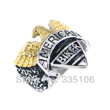 

Free Shipping! Carved Words American Biker Ring Stainless Steel Ring Gold Platde Eagle Motor Ring SJR330022