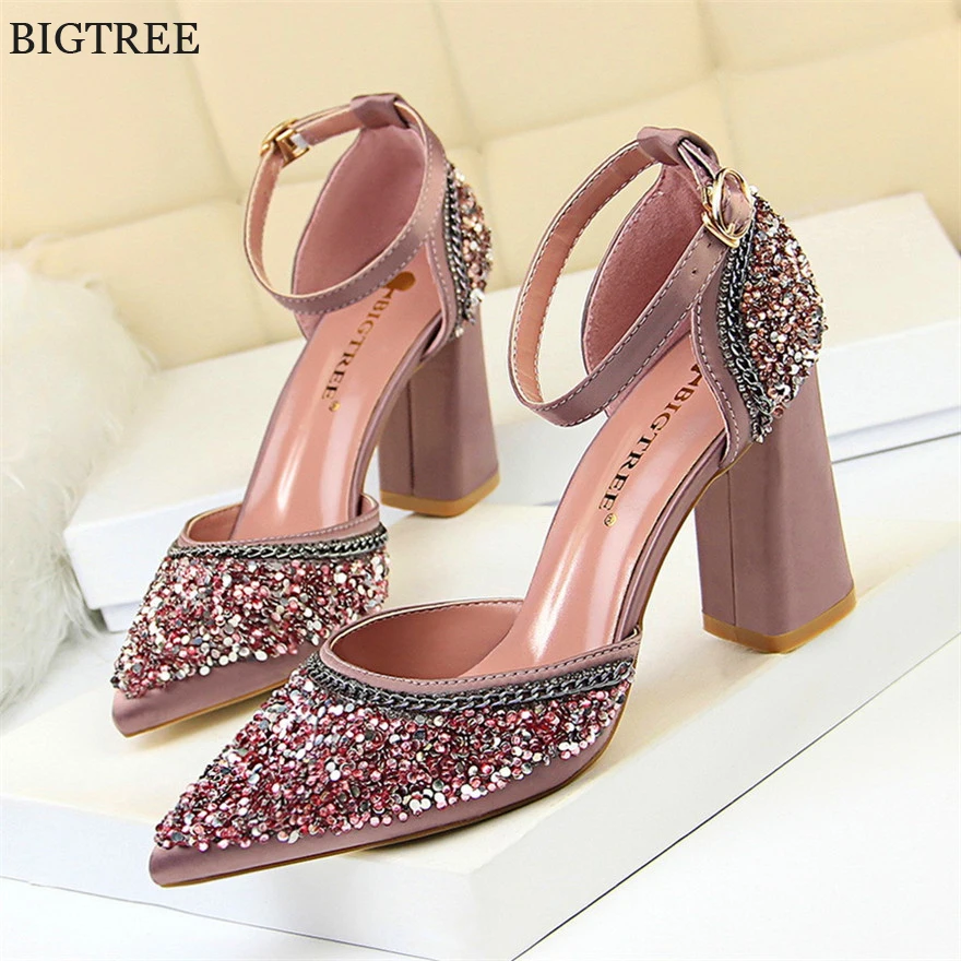 

Colorful Crystal Metal Chain Pointed Toe Women Sandals Sexy Side Cut-Outs High Heels Shoes Shallow Buckle Women's Wedding Sandal