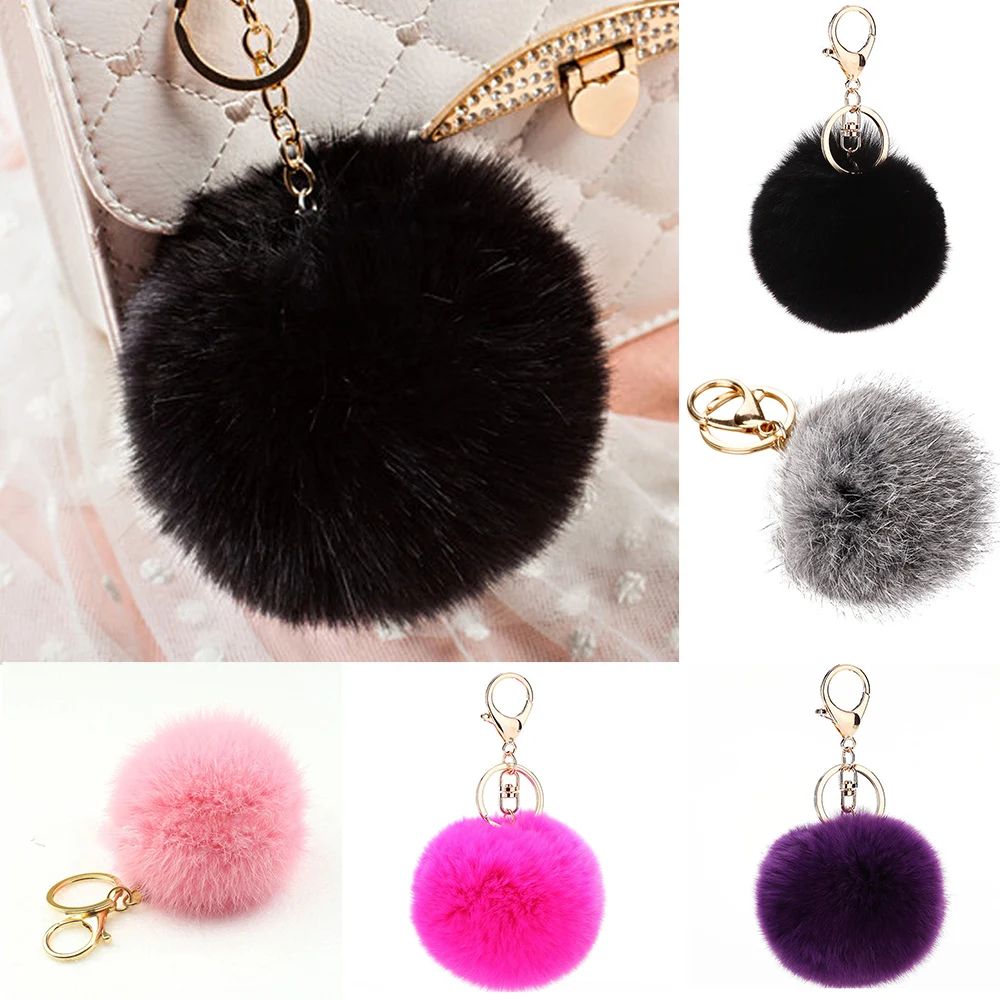 

Fluffy Rabbit Fur Ball Key Chain Cute Cream Pompom Artificial Rabbit Fur Keychain for Women Car Bag Key Ring