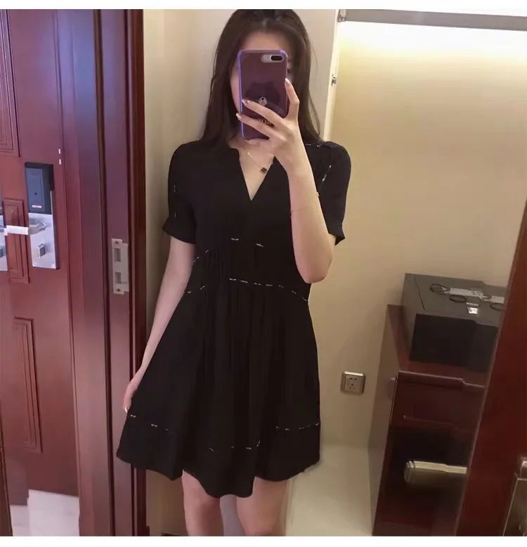 

Women Dress Romantic Tencel Cotton Smooth and Comfortable Broken Color Matching V-neck Short-sleeved High-waist A-line Dress