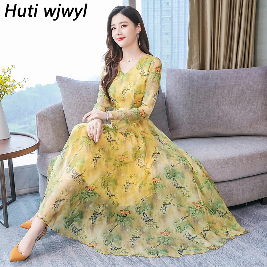 

2019 Vintage 3XL Plus Size Print Maxi Dresses Autumn Winter Long Sleeve Floral Chiffon Dress Women Elegant Bodycon Party Vestido