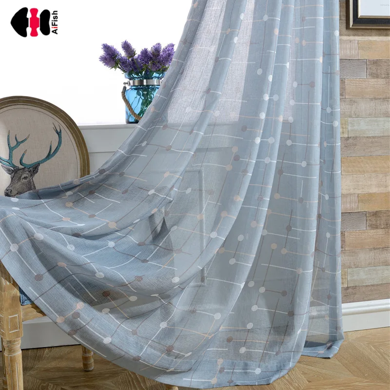 

Chinese Rustic Checkerboard Printing Curtain Nets Bedroom Wedding Room Window Decoration Panels Gauze 2018 Autumn WP041C