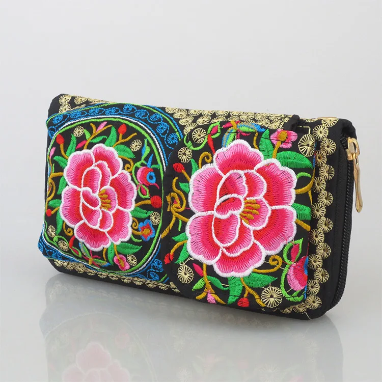 

New Yunnan National Double-sided Embroidery Clutch Bag Embroidered Zipper Phone Wallet Long Purse Coin Bag Factory Direct