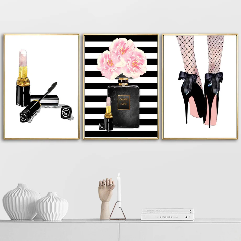 

Watercolor Paris Perfume Lipstick Flower Wall Art Canvas Painting Nordic Posters And Prints Wall Pictures For Living Room Decor
