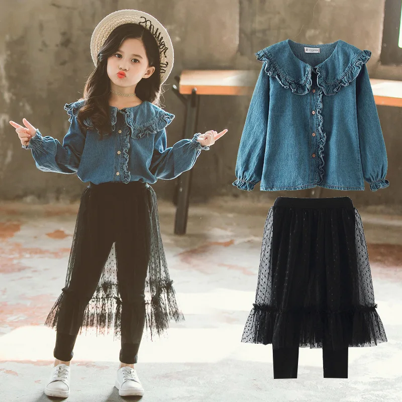 

2019 Spring and Autumn Children's Wear New Girls' Denim Shirt with Polka Dot Pants Two-piece Girls Set