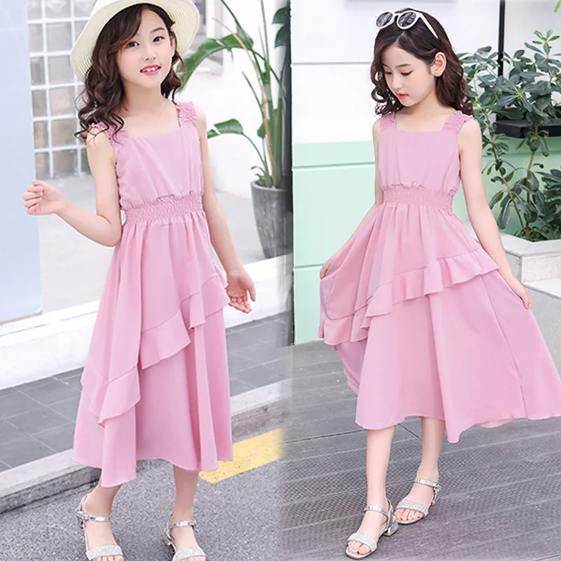 

Elegant Girls Chiffon Princess Dresses Pink Yellow Ruffles Irregular Kids Dresses for Teens Girl Party Wedding Beach Dress