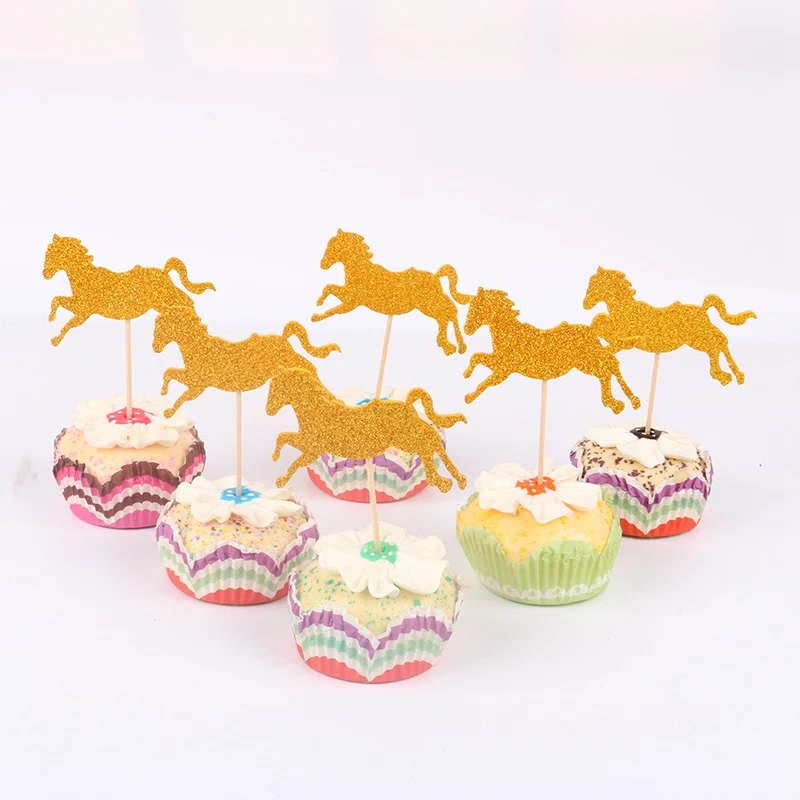 

10pcs/lot White gold horse Cupcake Toppers Picks Birthday Party Decoration Kids Shower Boy Favors Cake Decorating