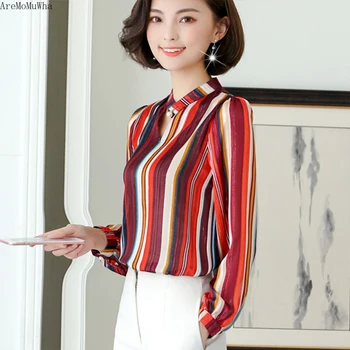 

AreMoMuWha Striped Chiffon Women 2019 Spring and Summer New Long-sleeved V-neck Shirts Cover Belly Slim Shirt Woman ClothesQX830