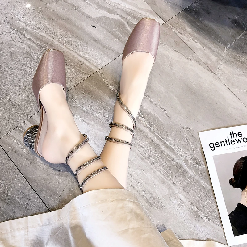 

Summer tacones mujer 2019 Fashion Sexy Luxury Khaki Black Silky Satin Lady Pumps band surround Square head ballet shoes Women