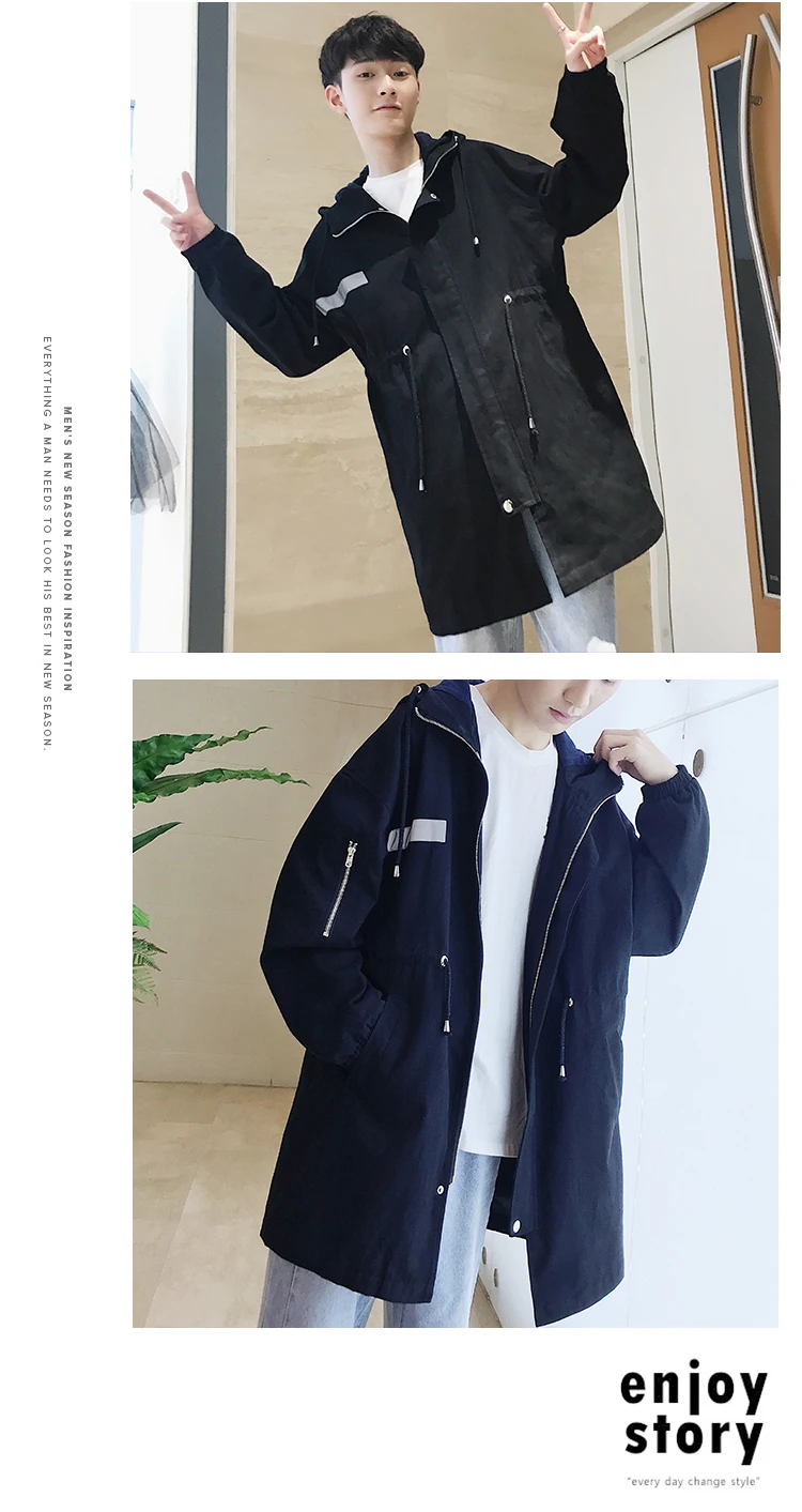 Мужская модная флуоресцентная отражающая хлопковая стеганая одежда, ветровка, свободное повседневное пальто, Тренч, длинная Черная куртка M-2XL