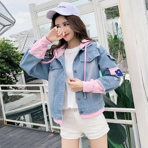 Very best  Korean Patchwork Loose Denim Jacket Casual Casaco Feminino Hooded Embroidery Woman Bikers Preppy St