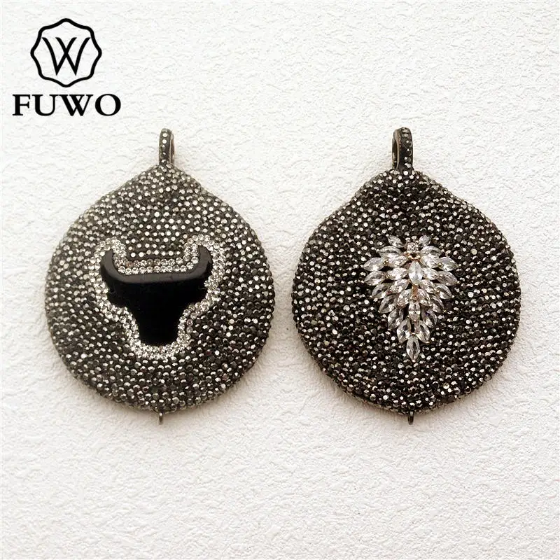 FUWO Natural Black Agates Stone Bull Head Shape Pendants Pave Rhinestone Bead Connector Crystal Charms For Jewelry Making PD1522 | Украшения
