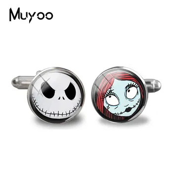

2018 New The Nightmare Before Christmas Cufflinks Jack and Sally Cufflink Glass Dome Jewelry Silver Black Round Cuff Gifts