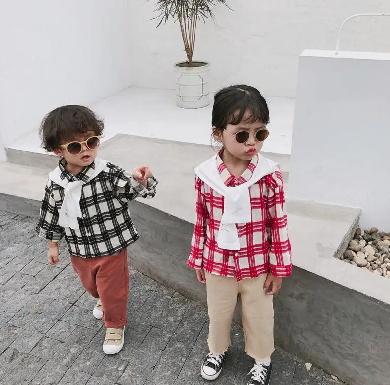 new boys girls plaid shirt bow autumn full sleeve cotton fashion kidss top 1-7t HW67