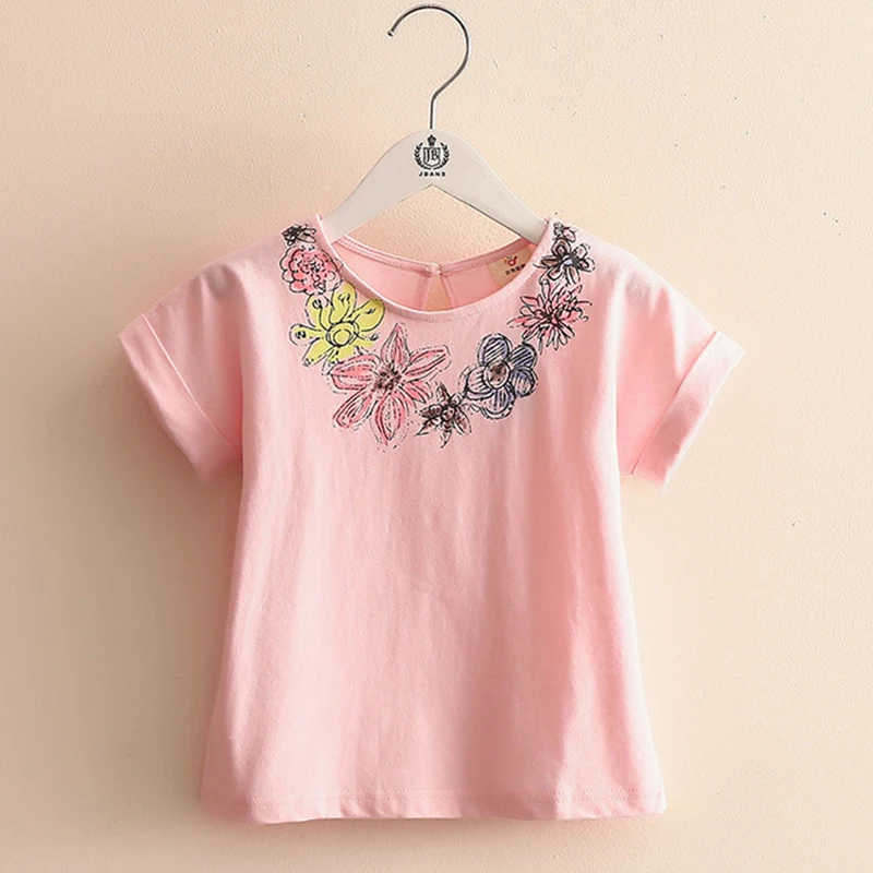 

2016 Summer New Casual Kids Girls T Shirt O-neck Short Sleeve Neckline Flower Printing Baby Girl T-shirt Children Clothing 2867W