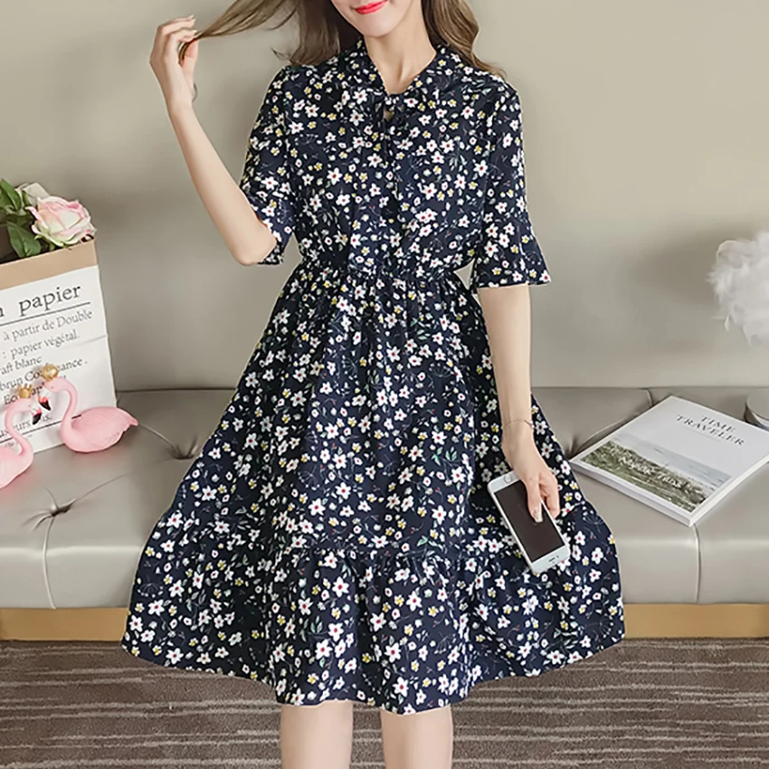 Summer Floral Print Chiffon Boho Dress sun 2018 Korean Elegant Women ...