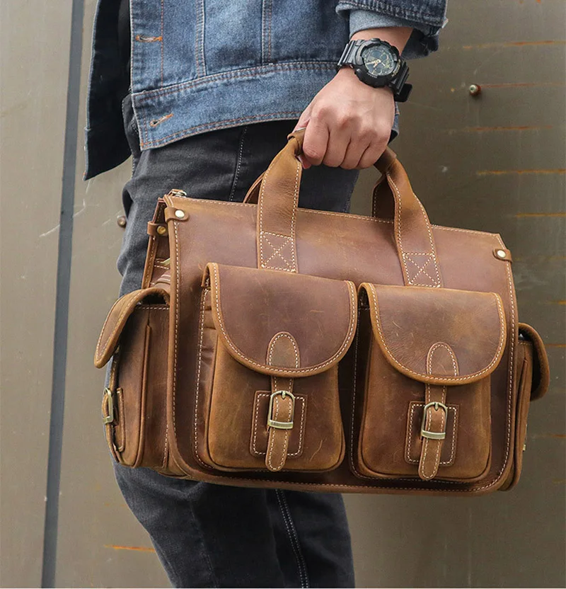 Мужской портфель из кожи Crazy horse, подходит для ноутбука 13,", модная сумка из натуральной кожи, кожаная деловая сумка, коричневая сумка для работы