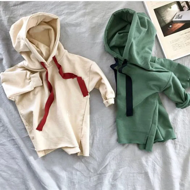 

2019 spring children's clothing new boys and girls long split thick hat rope cotton sweater kids cotton hooded T shirt tops
