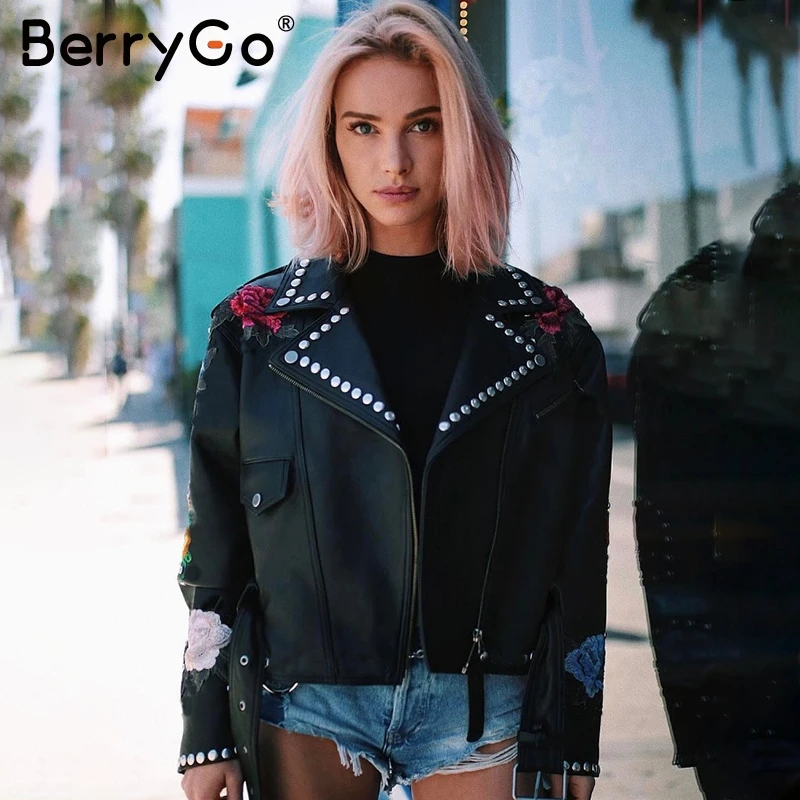 BerryGo Floral PU leather appliques rivet women basic jackets Streetwear black zipper outerwear femme Autumn faux leather coats