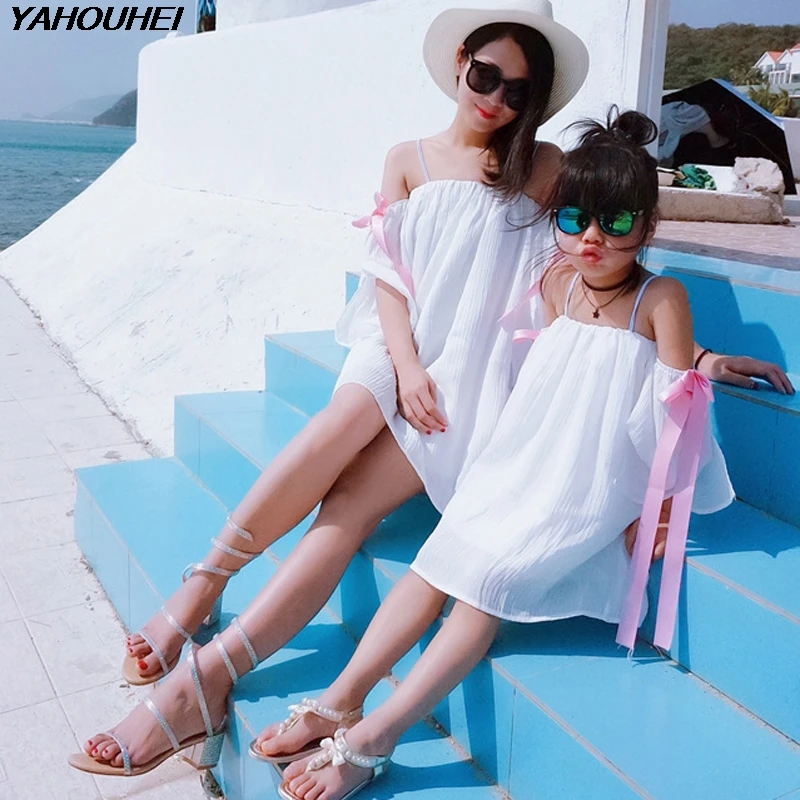 

New Mother Daughter Dress Off Shoulder Sexy White Dress Family Matching Dresses Kid Girl Mother Dress Family Clothing Outfits