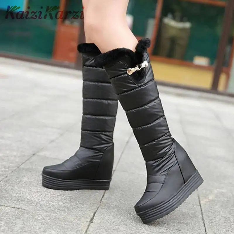 

KaiziKarzi Fashion Women Warm Knee High Boots Thick Sole Plush Platform Shoes Women Star Crystal Inside Fur Snow Boot Size 33-43