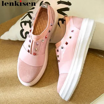 

Lenkisen new kid suede round toe thick bottom platform colorful rivets decoration slip on loafers leisure vulcanized shoes L71