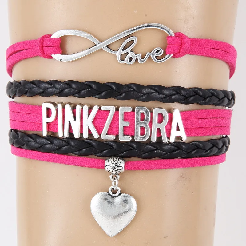 (10pcs/lot) Infinity Love PINK ZEBRA Bracelet Heart Charm Leather Rope