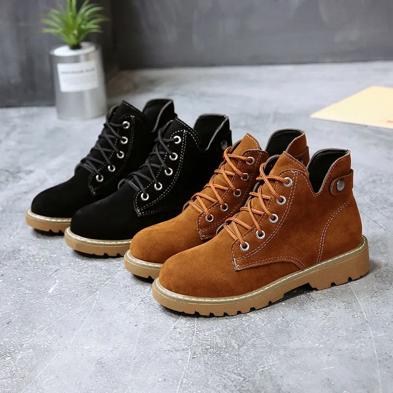 

Autumn Winter Women Flock Lace-Up Booties Round Toe Solid Black Camel Rivets Casual Fashion Ladies Ankle Boots Size 35-39 6O0280