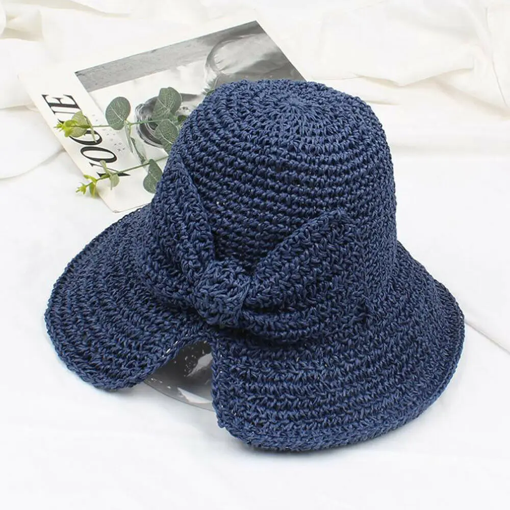 Fashion Bow-knot Straw Sunhat Summer Beach Women Lady Travel Sun Hat Foldable Beach Cap Sun Protection Panama Hat New - Color: Blue
