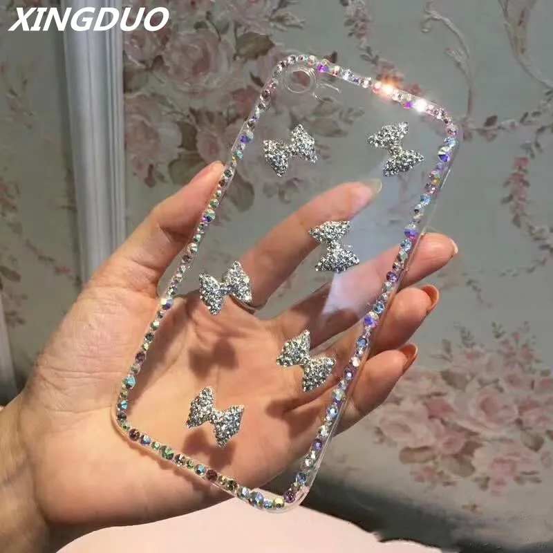 

XINGDUO Crystal Diamond design transparent hard Phone case cover for iphone X XS XR XS MAX 5 6 6S 7 8 cute Glitter Diamonds Bow