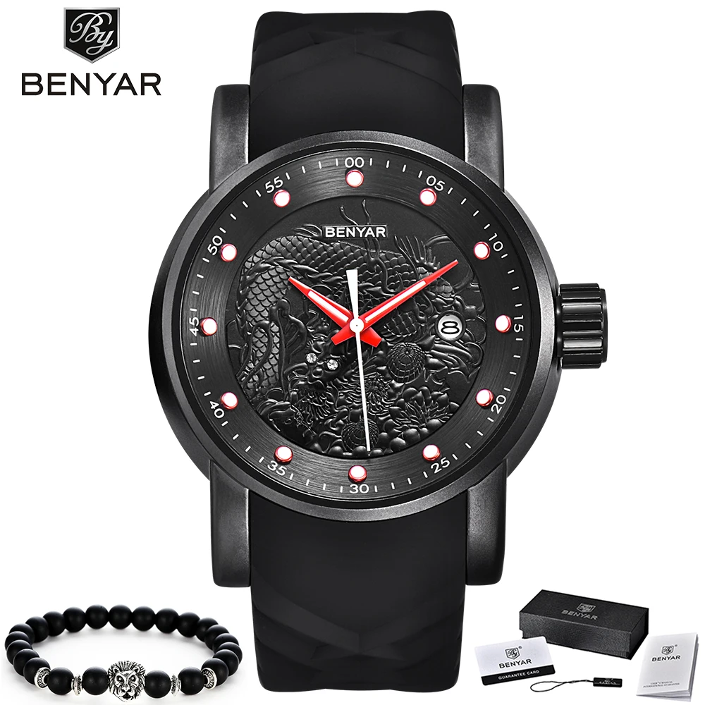

2019 New Mens Watches BENYAR Top Brand Luxury Waterproof Quartz Date Clock Men Silicone Strap Fashion Casual Business WristWatch