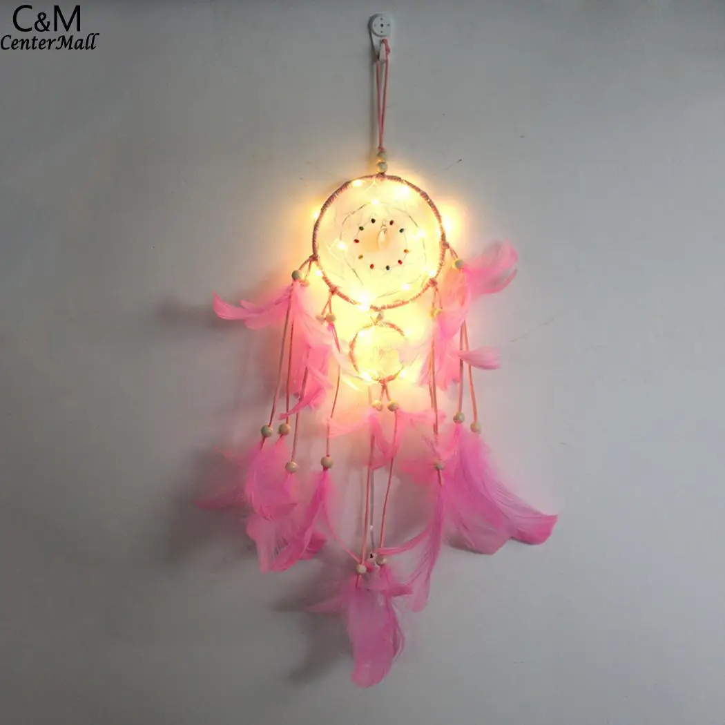 DIY Мода Ловец снов ночник ручной работы Декор перо Кнопка батарея(в комплекте) спальня подарки геометрический - Цвет: pink