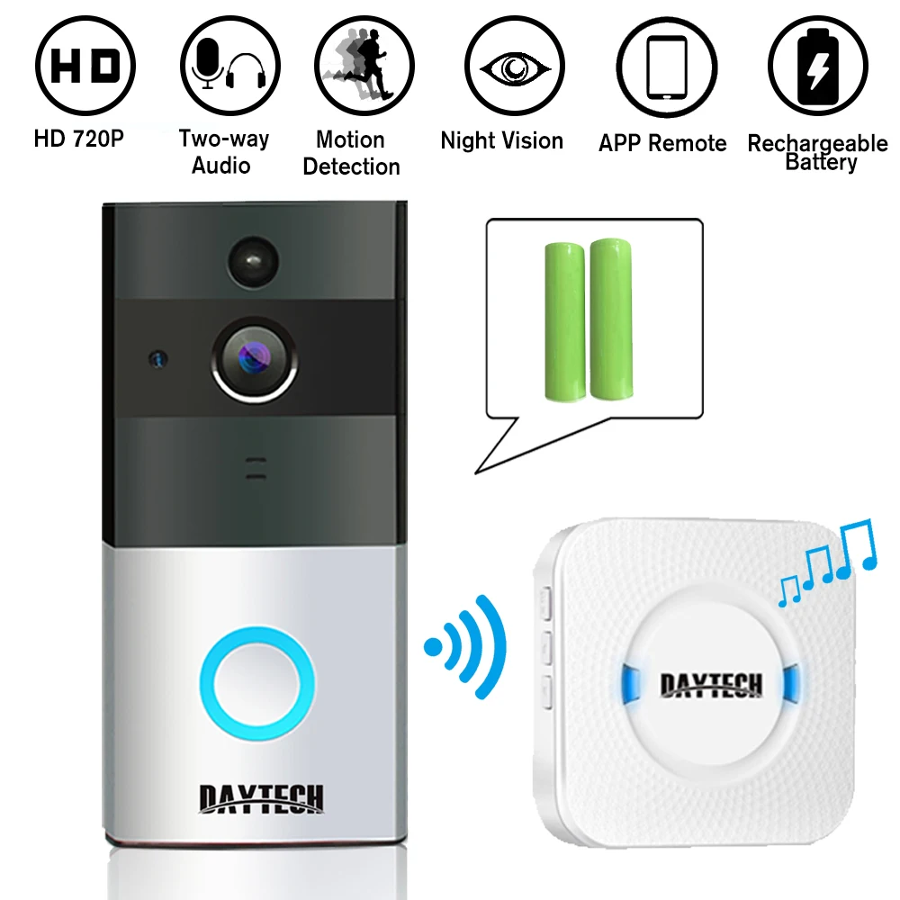 DAYTECH Беспроводной Wi-Fi видео дверной звонок 1.0MP дверной Звонок камера ночного видения двухсторонняя батарейка для детских игрушек операция с внутренним звонком - изображение