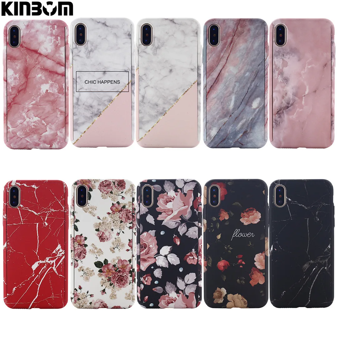 KINBOM 360 All Inclusive Phone Case For Iphone 6 6splus Iphone7 8plus X Marble Anti-Knock Pc Back Mobile Bag | Мобильные телефоны и
