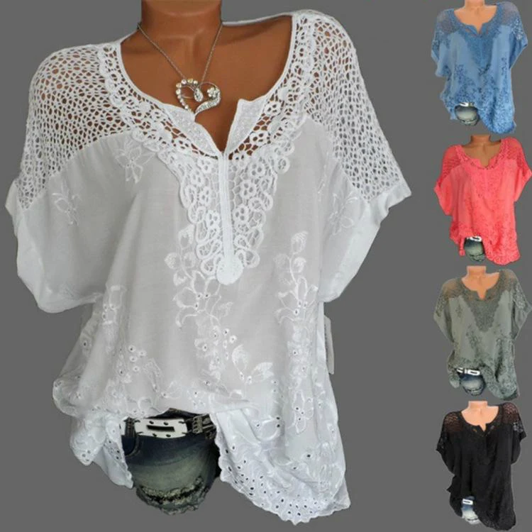 

Plus Size 2019 Summer Blouses Lace Hollow Out V-Neck Solid Embroidered Loose Chiffon Batwing Sleeve Womens Tops and Blouses